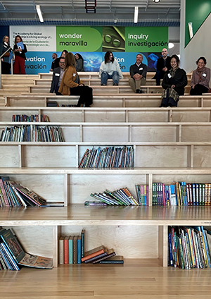 Large staircase with nooks for books