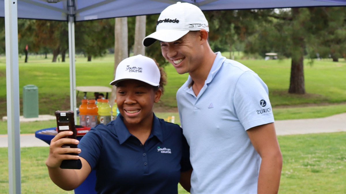 A series of images featuring Collin Morikawa and the young golfers