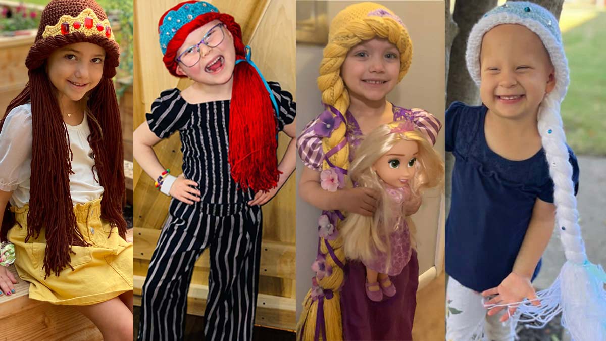 Collage showing four girls wearing yarn wigs