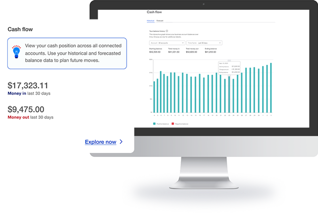 Banking dashboard with 30-day bar chart showing cash flow positions, including income and expenses, for effective financial tracking using historic and forecasted data