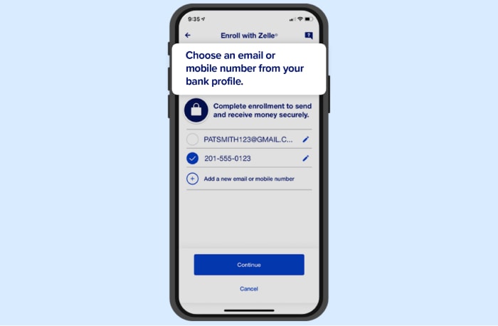 Enroll in Zelle - Enter contact information
